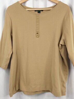 Lauren Ralph Lauren T-Shirt Women's Size 1X Tan Khaki 3/4 Sleeves 100% Cotton